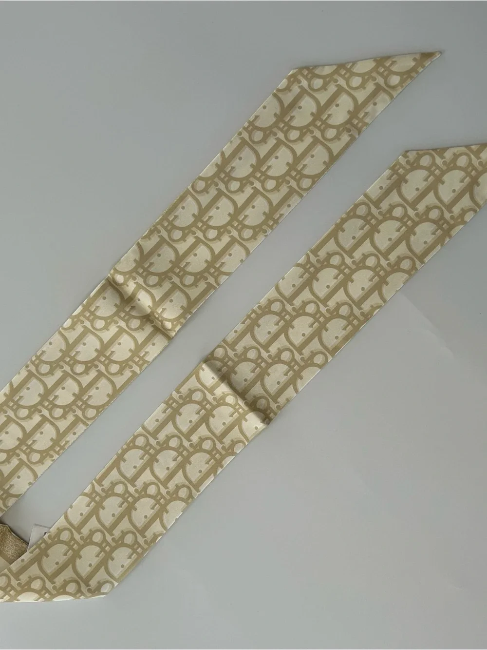 Christian Dior Beige Oblique Mitzah Twilly Scarf Monogram Logo Ribbon Wrap